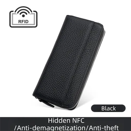 Black Genuine Leather Women's Long Wallet with RFID Blocking & Hidden NFC - Large Capacity Phone Purse with 180° Zipper Closure, 18 Card Slots, Coin/Cash Pockets and for Daily Travel Use