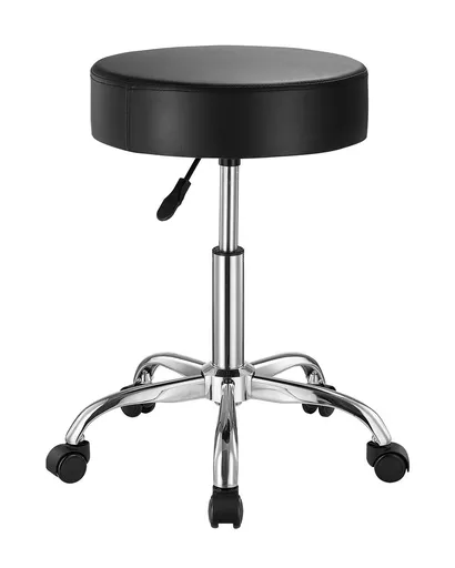 Leather Rolling Stool with Wheels, 360� Swivel Height-Adjustable Round Seat with Thick Cushion, Work Stool for Tattoo, SPA, Salon, Office, Home & Bar, Black