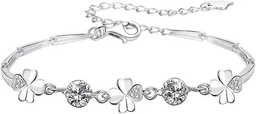 Silver Bracelet for Women,Four-Leaf Clover Bracelet Shiny Crystal Diamond Adjustable Bracelet Mother's Day Jewelry Gift Birthday Christmas Gifts for Women
