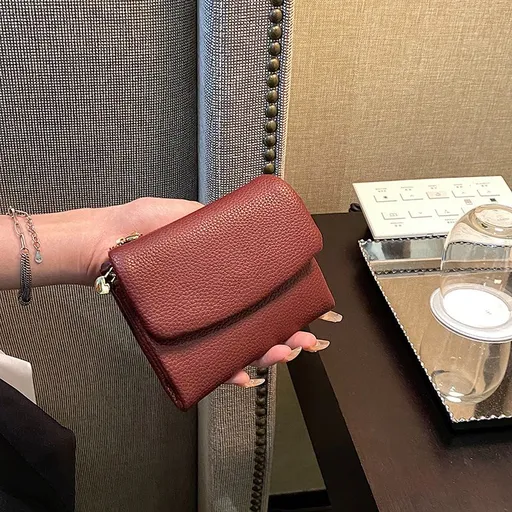 Claret Women's Compact Lychee Grain Wallet – PU Leather Foldable Card Holder with Zipper Pocket