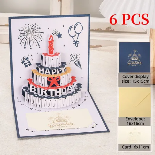 6-Pack - Classic Color Clashes Cake 3D Pop-Up Birthday Cards, Papercut Foldable Greeting Gift Cards - Blue