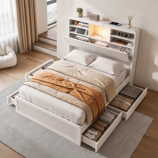 Artiss King Single Bed Frame with Storage, 4 Drawers, USB and Night Light White