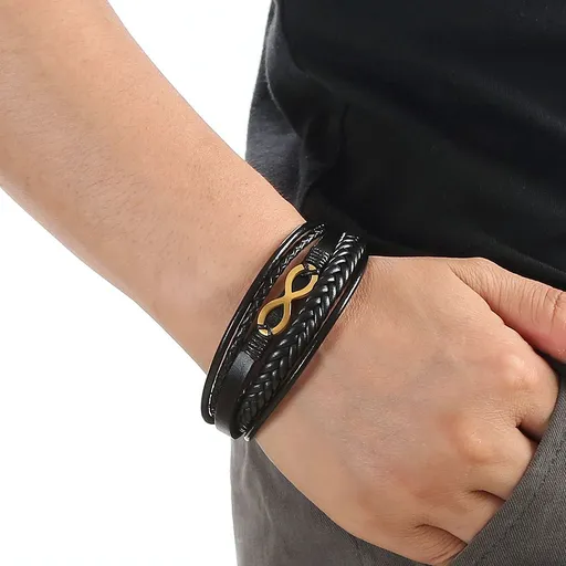 1 pcs Three-Row Infinity Love Number Friendship Braided Leather Bangle Wristband Bracelet（Black+Gold）