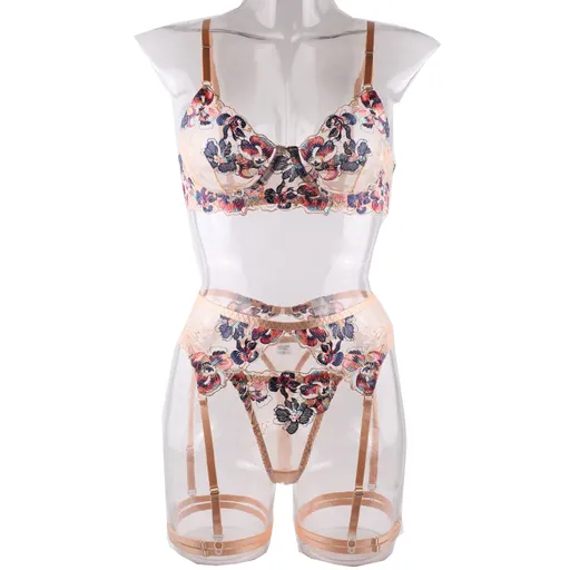 House Of Dasein Feminine Sheer Floral Flowers Lace Bra Panties Garter Belt Lingerie Set - Apricot - M