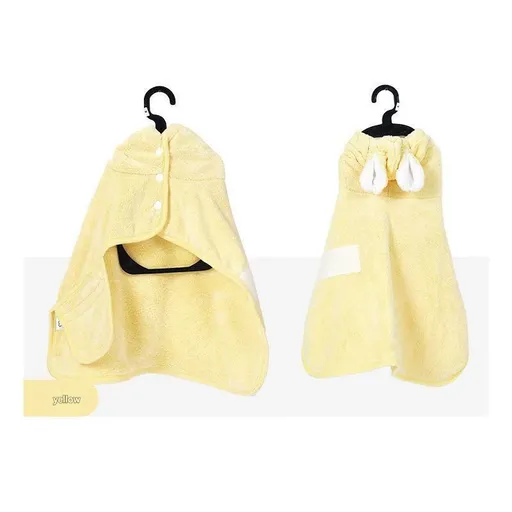 Yellow XL size Pet Drying Robe with Hood - Quick Dry Coral Fleece Towel for Dogs and Cats, Super Absorbent Bathrobe with Cute Rabbit Ears, Adjustable Fit for All Sizes, Easy to Wear and Machine Washable
