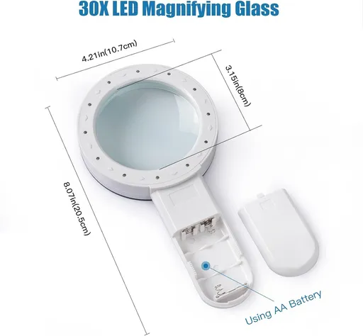 Magnifying Glass with Light, 30X Handheld Magnifying Glass, 12 LED Illuminated Lighted Magnifier for Low Vision Seniors Reading