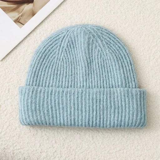 Solid Color Knit Beanie, Unisex Minimal Cuffed Warm Winter Hat with Slim Face Design - Blue