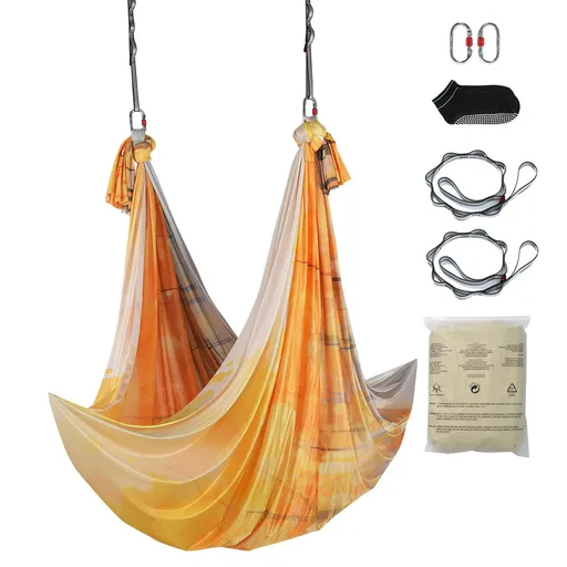 Aerial Yoga Hammock & Swing, 5 m Length, Aerial Yoga Starter Kit with 100gsm Nylon Fabric, Full Rigging Hardware & Easy Set-up Guide, Antigravity Flying for All Levels Fitness Bodybuilding, Gold