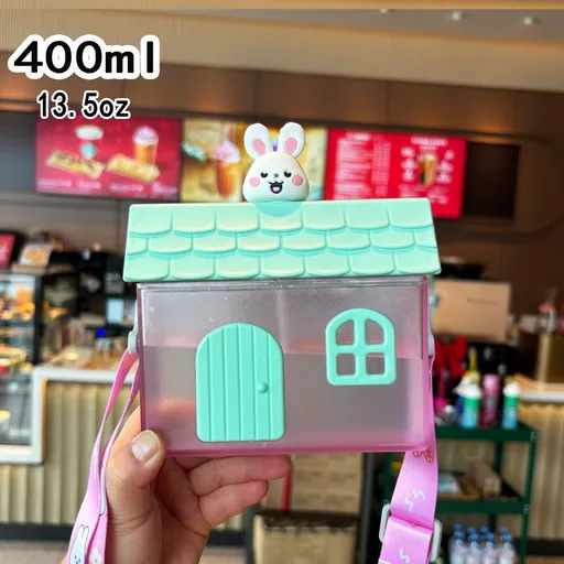 Creative Little House-Shaped Children's Straw Cup, 400ml Portable Outdoor Water Cup with Strap - Pink Bunny Design