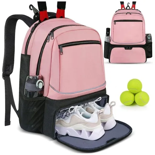 Large Capacity Tennis Backpack with Racquet Compartment, Shoe Pocket and Fence Hook for Training, Matches and Court Sessions, Water Resistant Sports Bag for Tennis Players (Pink)