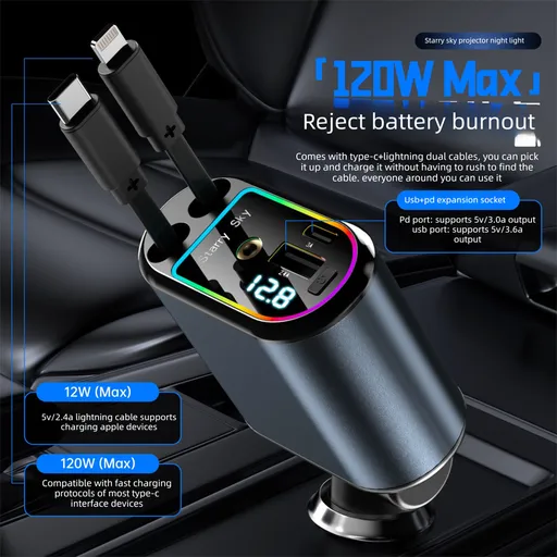 120W 4-in-1 Retractable Car Charger Adapter Fast Charging Dual Cables Type-C & Lightning LED Voltage Display Starry Projector for iPhone Samsung