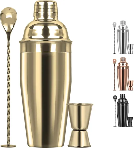 Large 24oz Cocktail Shaker Set, Stainless Steel 18/8 Martini Mixer Shaker with Built-in Strainer, Measuring Jigger & Mixing Spoon, Martini Shaker Set, Perect or Bartender and Home Use, Gold