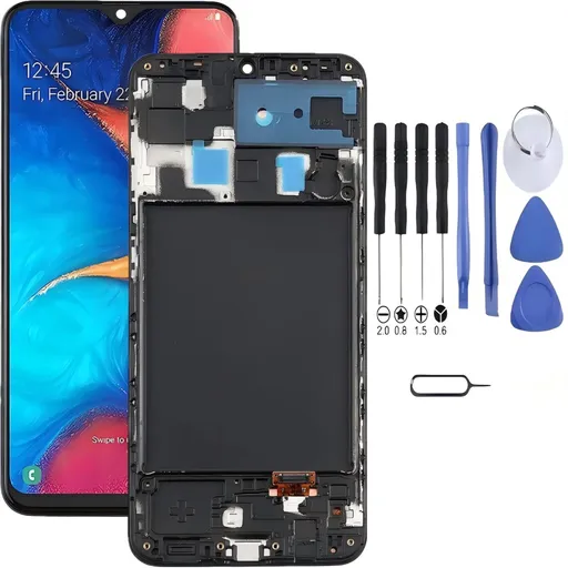Samsung Galaxy A20 Screen Replacement with Frame, 6.4 Inch Super AMOLED Touch Digitizer, Complete Disassembly Repair Tool Kit for SM-A205F SM-A205U SM-A205U1 SM-A205W SM-A205GN SM-A205YN