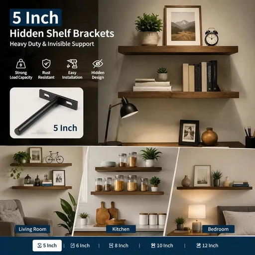 5" Black Hidden T Shelf Bracket 2Pcs w/ 5x60&5x80 Screws