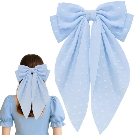 8 Inch Hair Bows Barrettes for Women & Girls Large Satin Bow Hair Clip with Long Tail - Elegant Hair Ribbon for French Stylish Looks -Chic Soft Cloth Oversized Bows Hair Accessories (Blue)
