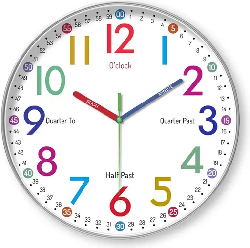 30 cm Children's Educational Wall Clock, Silent Color-Coded Learn-to-Tell-Time Clock