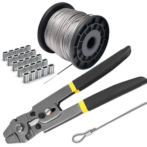 Wire Rope Crimping Tool Kit, with Stainless Steel Cable 165 Ft (7x7 Strand Core), 100 Cable Ferrule Loop Sleeve Stops