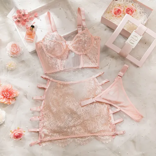 House Of Dasein High Elastic Lace Underwear Seductive 3D Tailored Slim Elegant Fashion Essential Lingerie Set - Pink - M