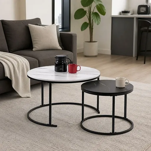 Set of 2 Coffee Table Round Marble Nesting Side End Table Furniture