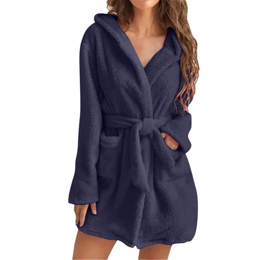 Dark Blue 5XL Size Women's Ultra-Thick Plush Robe with Large Hood & Pockets - Warm Winter Double-Layer Sherpa Fleece Lounge, Bathrobe & Nightwear