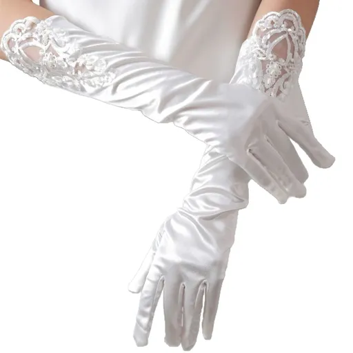 Elegant Satin Lace Gloves Long Bridal Gloves for Bride Flower Girls Women Wedding Prom Party（Hand embroidered bead white）