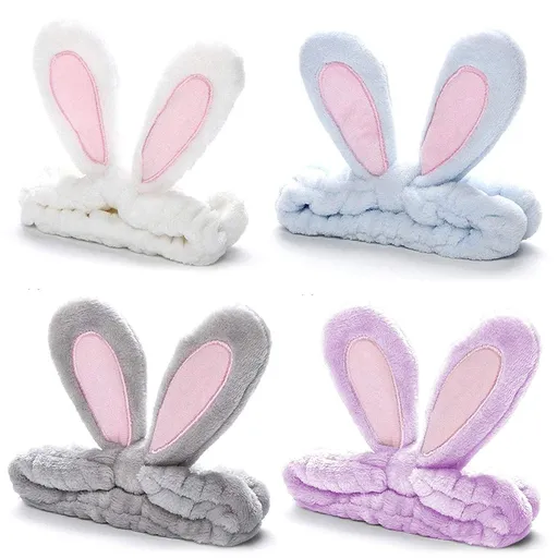 4 Pack Easter Bunny Makeup Headband Rabbit Ear Spa Hair Band Coral Fleece Elastic Head Wrap Stretchy Headband for Party Face Washing Beauty Shower Women Girls (Blue, White, Gray, Purple)