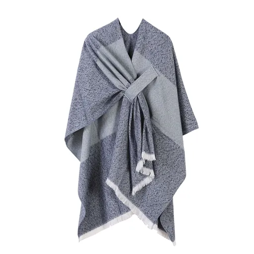 Fresh Styling Faux Cashmere Poncho, Clear Striped Trim Tie Dye Motif, Soft Blue