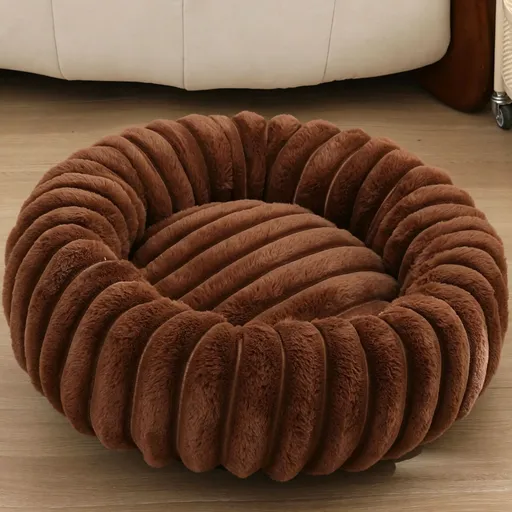 High‑Grade Rabbit Fleece Coffee 70cm Round Pet Bed | Christmas Stable Rest Gift | High‑Density Long Plush Round Cat Dog Cushion Nest