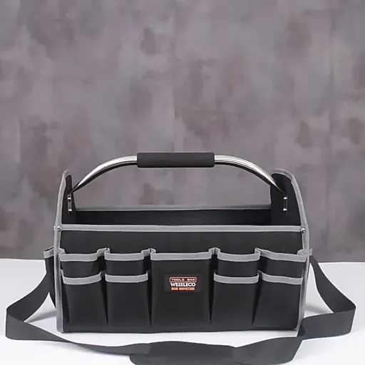 Black Yellow portable tool organizer, tool basket, tool storage, DIY tools, professional tools, tool compartments, Australian tradesperson, workshop organizer, heavy-duty tool carrier