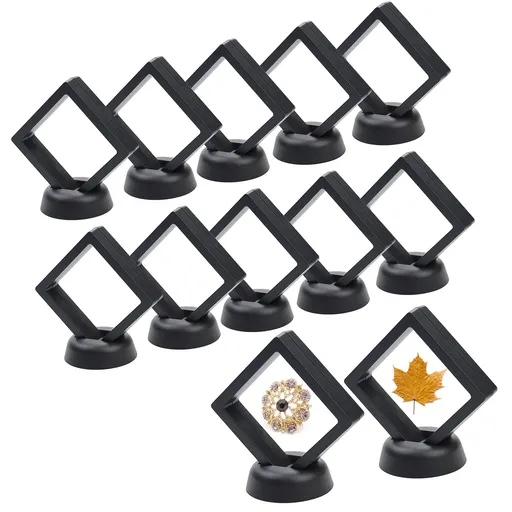 3D Floating Display Case, Transparent Film 3D Floating Coin Display Frame Holder Stands , 2.75 x 2.75 x 0.75 Inches (Black-12Pcs)