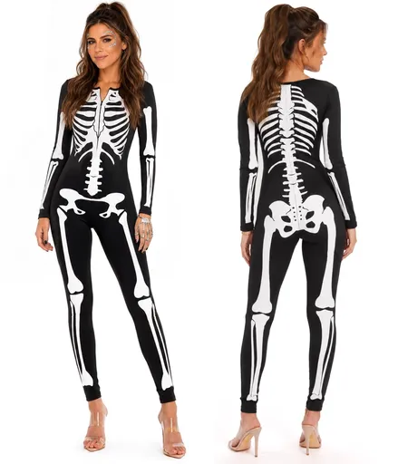 Women's Skeleton Print Jumpsuit for Halloween Cosplay, Themed Parties & Costume Events, XXXL (Iridescent Black)