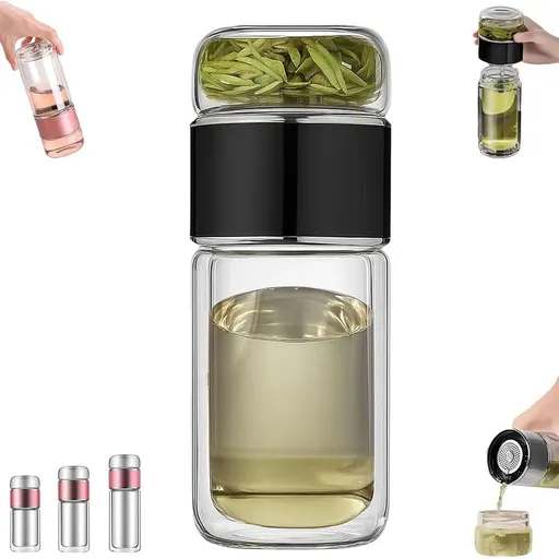 Glass Tea Infuser, 3-in-1 Smart Double Layer Borosilicate Glass with Stainless Steel Filter, Portable Leak-Proof Tea Water Separation for Blooming & Loose Leaf Tea