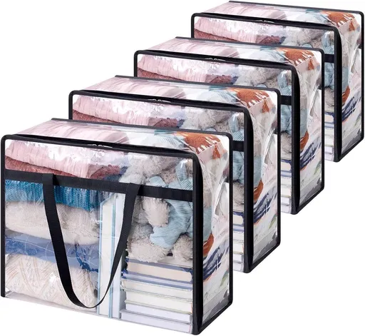 4 Piece Transparent Clothing Storage Bag Set with Zipper, 60 L, 60 x 42 x 24 cm