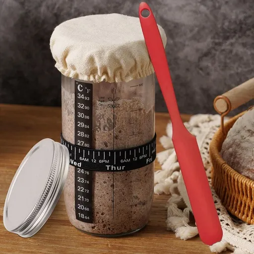 Sourdough Starter Jars, Wide Mouth Sour Dough Bread Dough Starter Jar, 24 oz Sourdough Container with Thermometer, Feeding Band and Scraper, Reusable Fermentation Jar for Bread Baking