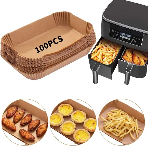 100-Pack Air Fryer Paper Liners – Rectangular Bowl-Style, Unbleached Kraft Paper, Heat-Resistant & Grease-Proof, Compatible with Most Dual-Basket Air Fryers, Ovens, Microwaves, and Instant Pots—Single-Use Convenience for Easy Cleanup (Brown)