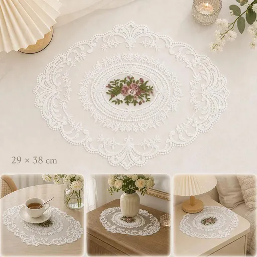 Lace Embroidery Mesh Decor Mat 29x38cm White, Elegant Bedside Table Ornament, Retro Tabletop Decor