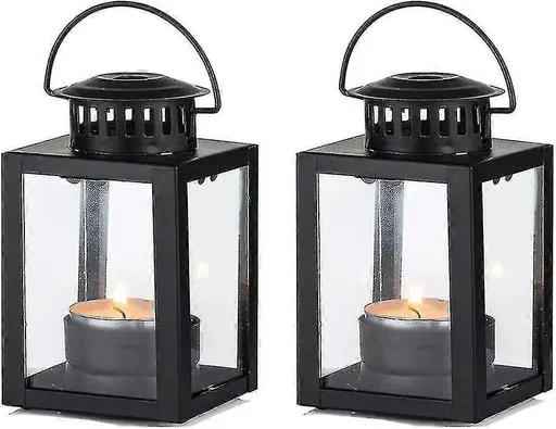 Lanterns for candles, garden lanterns, hanging small lanterns in vintage style for tea lights, Blue Light Tea Light Holder for Indoor and Outdoor, 2 pcs, black 2pcs Black