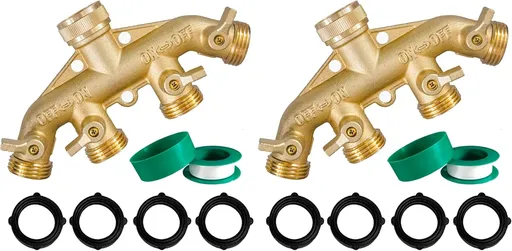 Brass Garden Hose Splitter (4 Way), Solid Brass Hose Connector 3/4", Hose Spigot Adapter 4 Valves with 4 Extra Rubber Washers (Pack of 2)