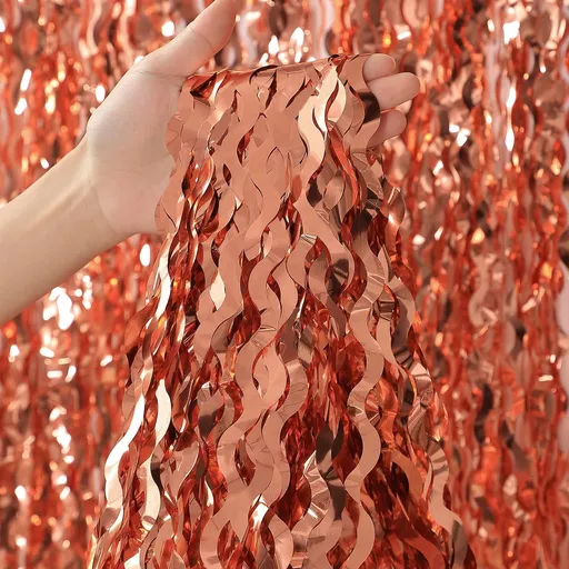 Wavy Rose Gold Fringe Curtain - 3.3 ft x 6.6 Feet, Pack of 3 | Rose Gold Party Decorations,Rose Gold Streamers,Rose Gold Tinsel