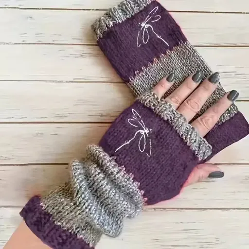 Spliced Cozy Knit Fingerless Gloves Hand Protection Work Daily Wear 2 Pcs Dragonfly Purple Pattern Popular Christmas Holiday Gift