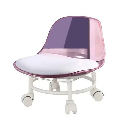 Stool with Universal Wheels Pulley Short Stool with Backrest Comfortable Seat - Pink