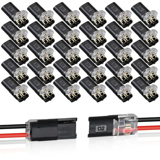 30PCS Double Wire Plug in Connector,Pluggable Low Voltage Wire Connector with Locking Buckle,Quick Disconnect Led Light Strip Connectors 2 Pin,No Wire Stripping Cutting 18-22AWG