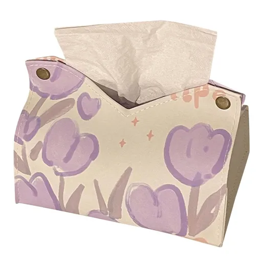 PU Tissue Box Cover Waterproof Tulips Flower Print Tissue Box Paper Towel Dispenser Desktop Paper Holder for Home Party
