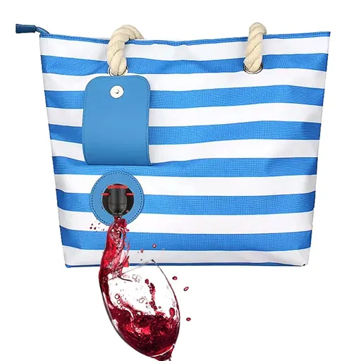 Beach Wine Tote Bag, Wine Cooler Bag Leakproof Insulated Purse Carrier with Spout Hidden Compartments, Holds 2 bottles of Wine