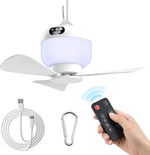 Rechargeable Camping Fan with Light and Remote, Portable Hanging Tent Fan with 3 Speeds, 3 Light Modes and Timer for Travel and Outdoors