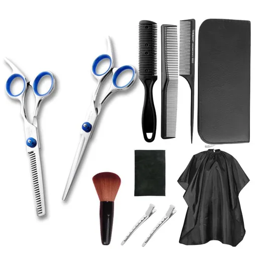 11-Piece Hairdressing Set with Scissors, Combs, Clips and Cape
