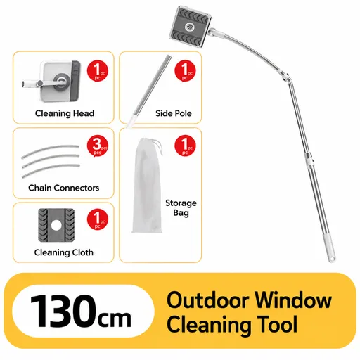 Lightweight Interior & Exterior Window Cleaner with 130CM Extendable Aluminium Pole & Cleaning Pad - 2-in-1 360° Rotating Microfibre Scrubber and Squeegee for Most Household High Rise Windows