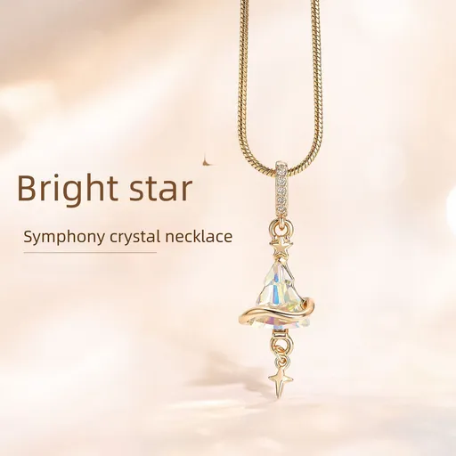 Crystal Star Witch Hat Pendant Necklace for Women, Gold Plated Celestial Charm Choker Jewellery Gift