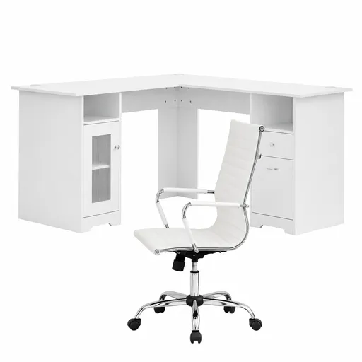 Artiss Office Desk and Chair Set L Shape Computer Desk 150cm with Storage Cabinet & Drawers, Ergonomic PU Leather Office Chair, White Home Office Furniture