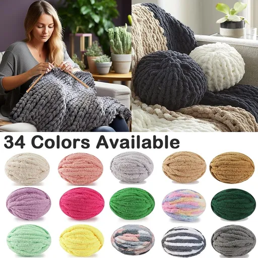 Chunky Chenille Yarn for Blanket, Super Bulky Soft Thick Fluffy Jumbo Giant Washable Polyester Big Yarn for Hand Knitting Extreme DIY Arm Knitting Throw Rugs Pillow